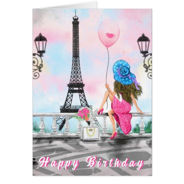 Grattis på födelsedagen Card-kvinna i Paris Eiffel Hälsningskort (Framsidan)