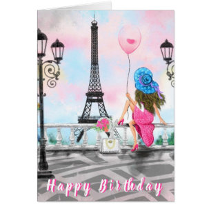 Grattis på födelsedagen Card-kvinna i Paris Eiffel OBS Kort