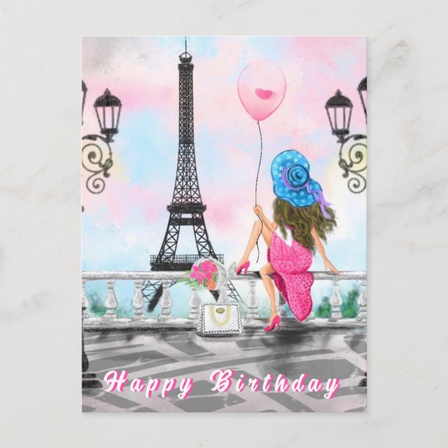 Grattis på födelsedagen Card-kvinna i Paris Eiffel Vykort (Framsida)