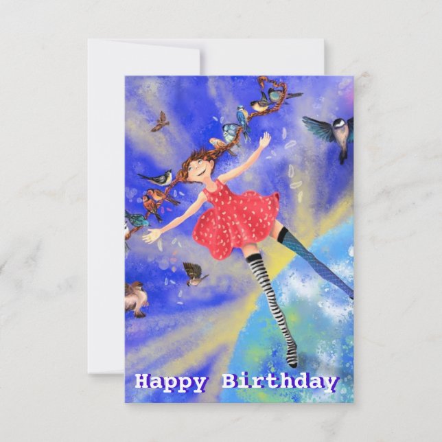 Grattis på födelsedagen Card - Lycklig flicka med  Kort (Framsida)