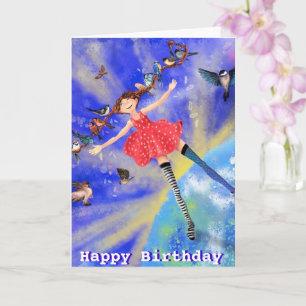 Grattis på födelsedagen Card Lycklig Girl with Bir Kort