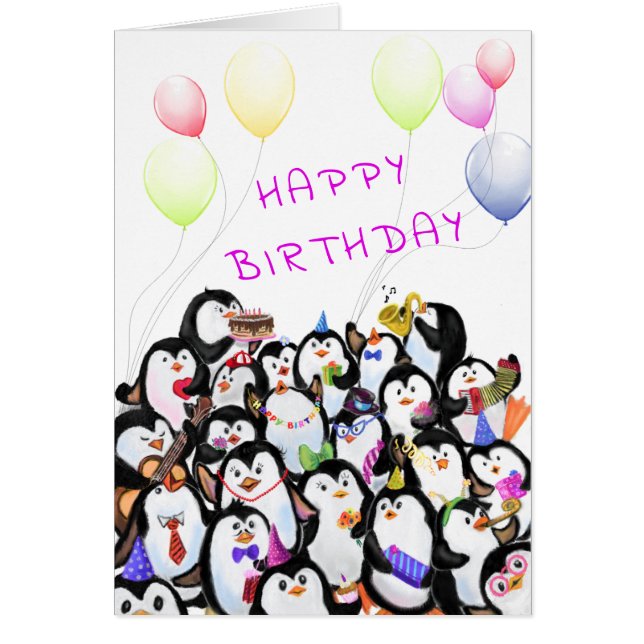 Grattis på födelsedagen Card Lycklig Penguins Part Hälsningskort (Framsidan)