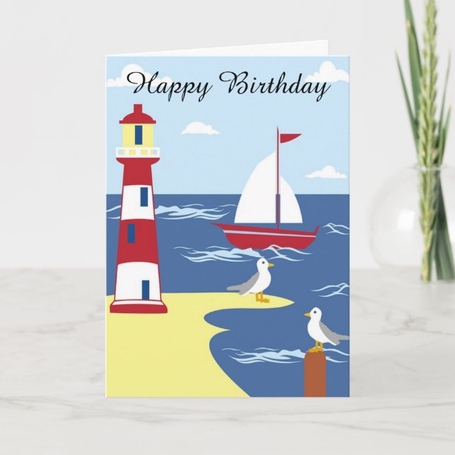 Grattis på födelsedagen Card-segelbåt och fyr Kort (Framsida)