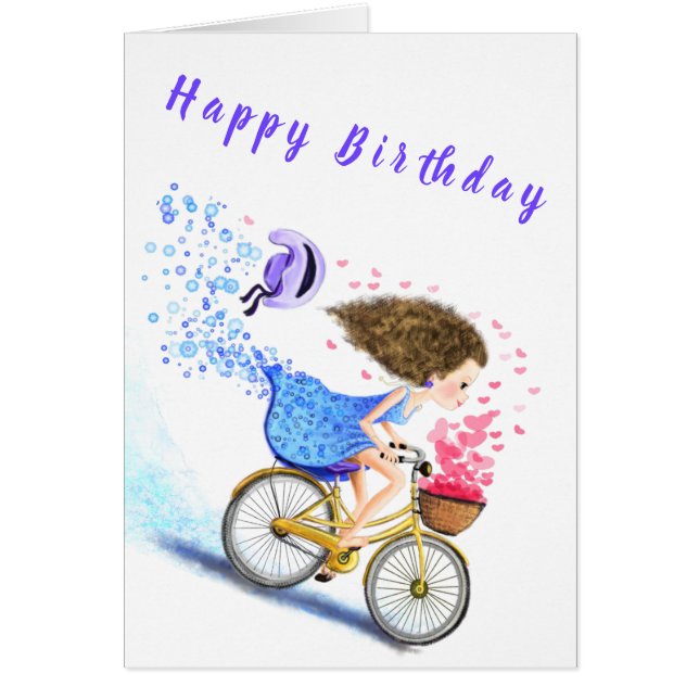 Grattis på födelsedagen Card Young Girl på Bike Hälsningskort (Framsidan)