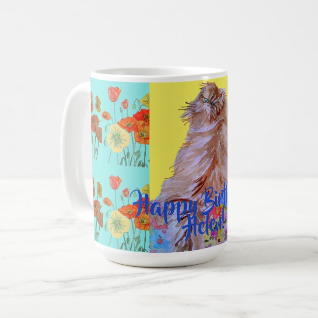 Grattis på födelsedagen Cat Orange Poppy Womans Na Kaffemugg (Framsida vänster)