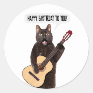 Grattis på födelsedagen Cat Singing and Play Gui Runt Klistermärke