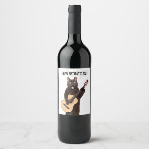 Grattis på födelsedagen Cat Singing and Spela Guit Vinflaska Etikett