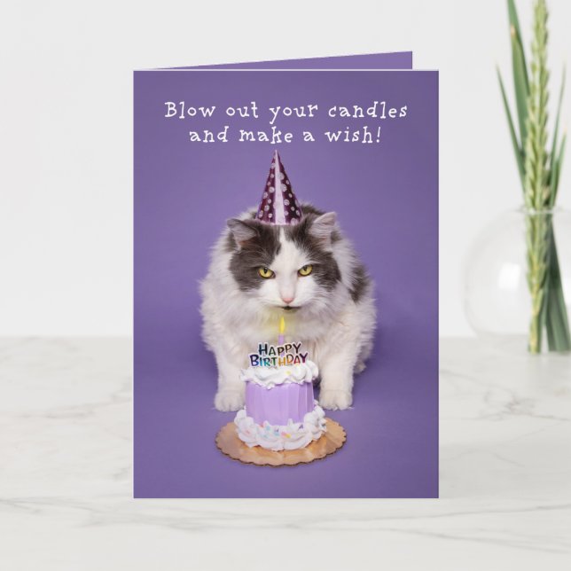 Grattis på födelsedagen Cat som blåser ljus på kum Helgkort (Framsida)