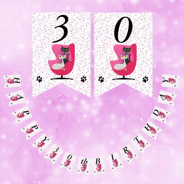 Grattis på födelsedagen Cats Rosa Ordförande för M Vimplar (Mid century cats in pink chair polka dots on white birthday party banner decoration.)