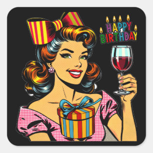 Grattis på födelsedagen Cheers Retro Woman Fyrkantigt Klistermärke