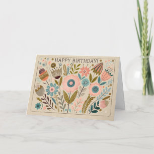 Grattis på födelsedagen Cheery Gouache Folk Art Bl Tack Kort