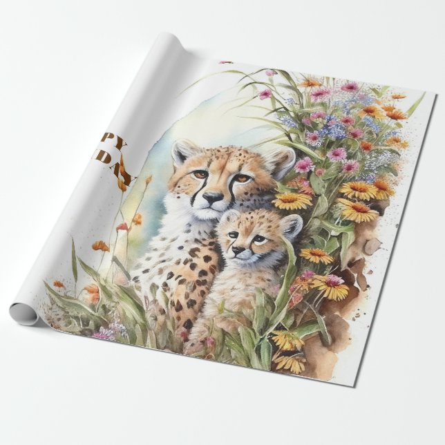 Grattis på födelsedagen Cheetah Baby och Mamma Presentpapper (Utrullad)