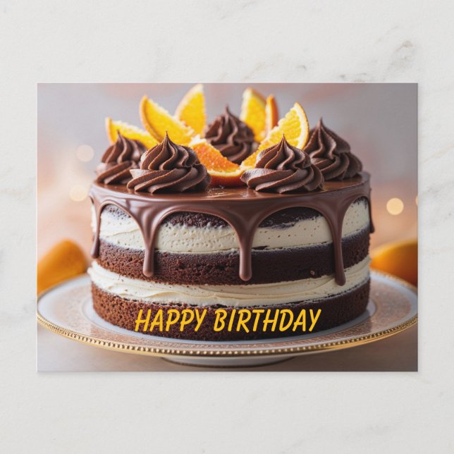 Grattis på födelsedagen Choklad Orange Frukt Kaka Vykort (Framsida)