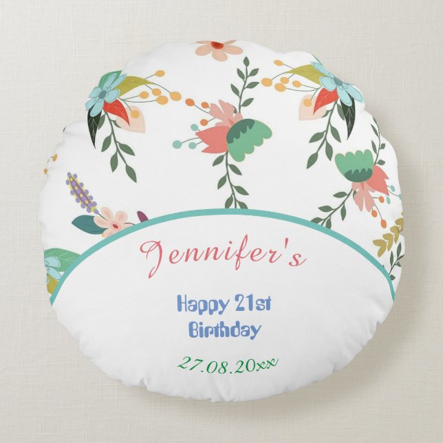 Grattis på födelsedagen Colorful Blommigt Rund Kudde (Framsidan)