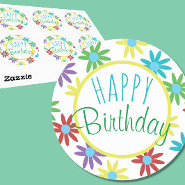 Grattis på födelsedagen Colorful Blommigt Stickers Runt Klistermärke