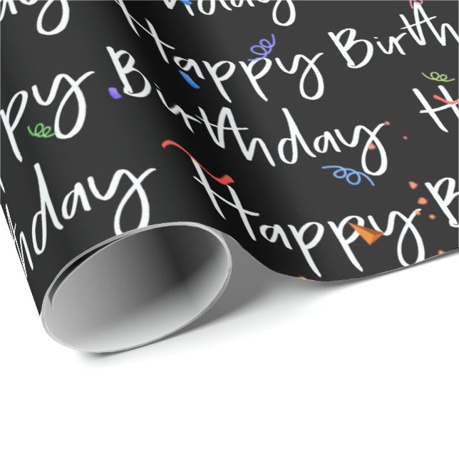 Grattis på födelsedagen Confetti på Black Presentpapper (Rullad Hörn)