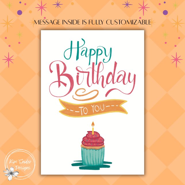 Grattis på födelsedagen Cupcake Hand Lettered Kort (Skapare uppladdad)