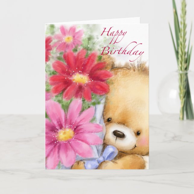 Grattis på födelsedagen, Cute Bear Holding Flowers Kort (Framsida)
