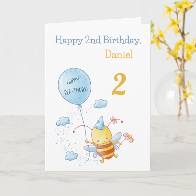 Grattis på födelsedagen Cute Bee med Balloon Blue  Kort (Gul blomma)