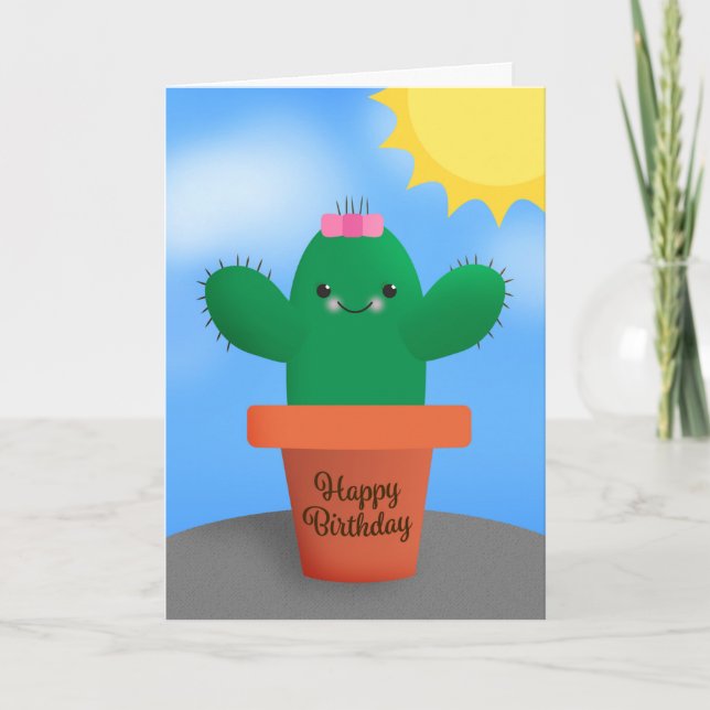 Grattis på födelsedagen Cute Cactus in Pot Illustr Helgkort (Framsida)