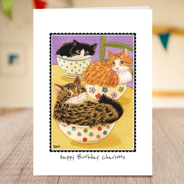 Grattis på födelsedagen Cute Cats i Bowls Anpassni Kort (Skapare uppladdad)