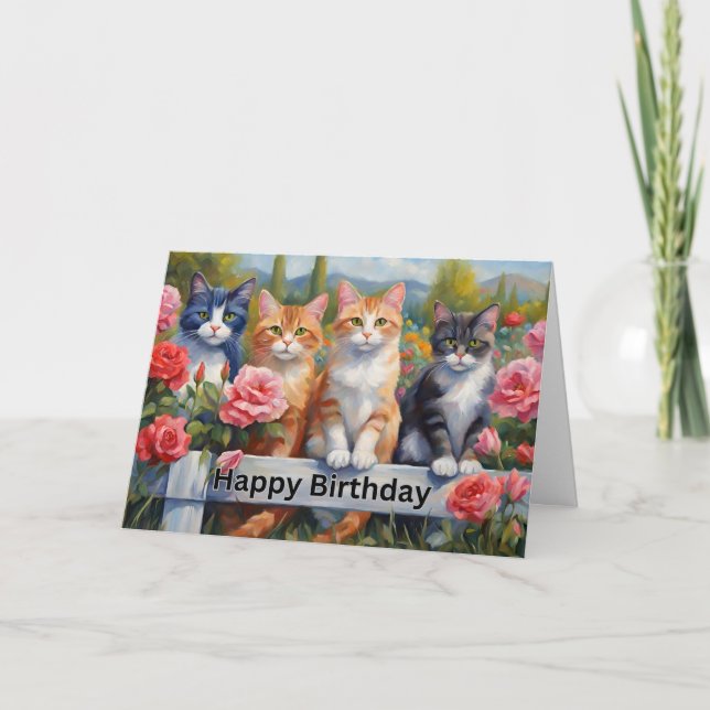Grattis på födelsedagen Cute Cats vid Blomsterträd Kort (Framsida)