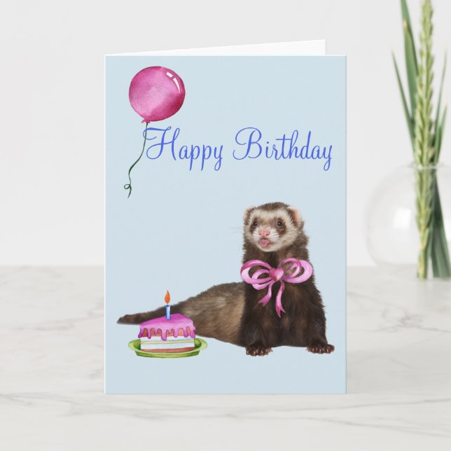 Grattis på födelsedagen Cute Ferret Cake Balloon Kort (Framsida)