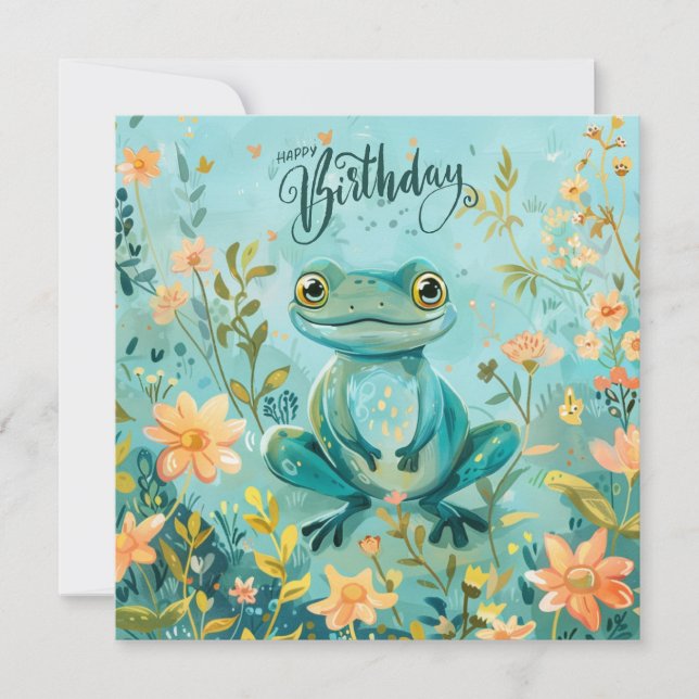 Grattis på födelsedagen Cute Frog med blommor Kort (Framsida)