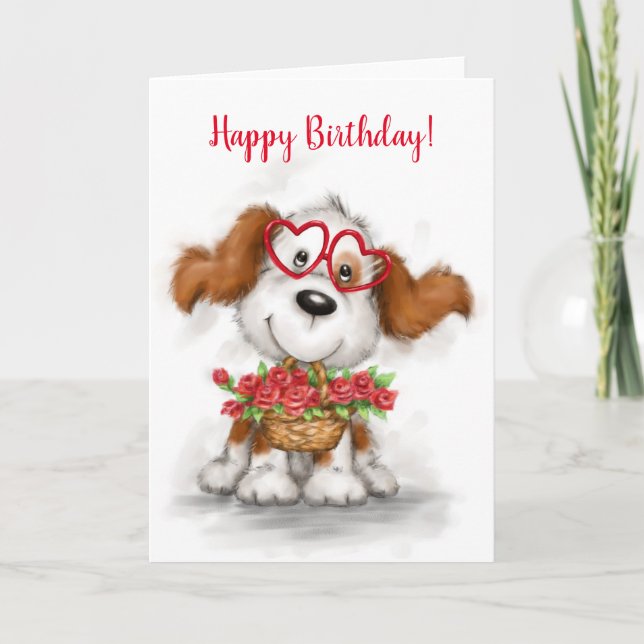 Grattis på födelsedagen, Cute hund Holding Flower  Kort (Framsida)