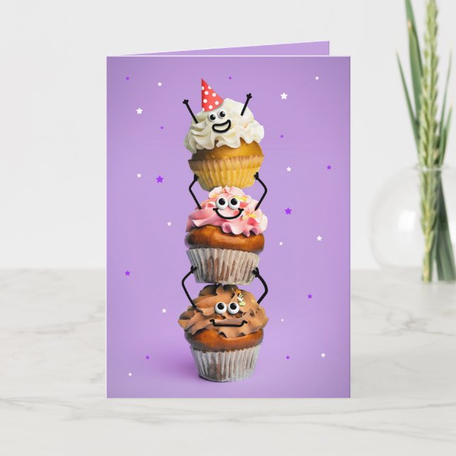 Grattis på födelsedagen Cute Lycklig Stack i Muffi Helgkort (Framsida)