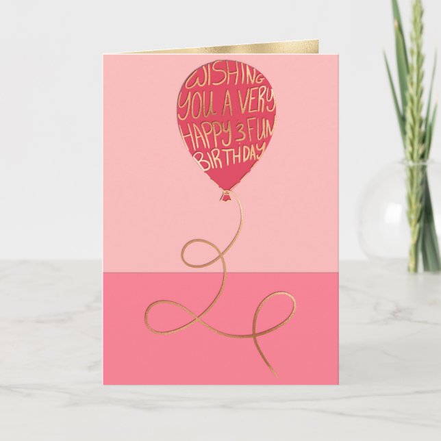 Grattis på födelsedagen Cute Rosa Balloon Guld Typ Kort (Framsida)