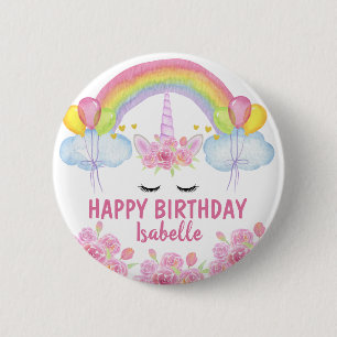 Grattis på födelsedagen Cute Rosa Unicorn Rainbo Knapp