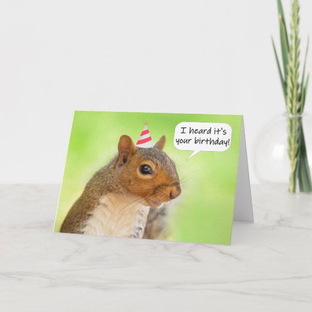 Grattis på födelsedagen Cute Squirrel i Party Hat Helgkort (Framsida)