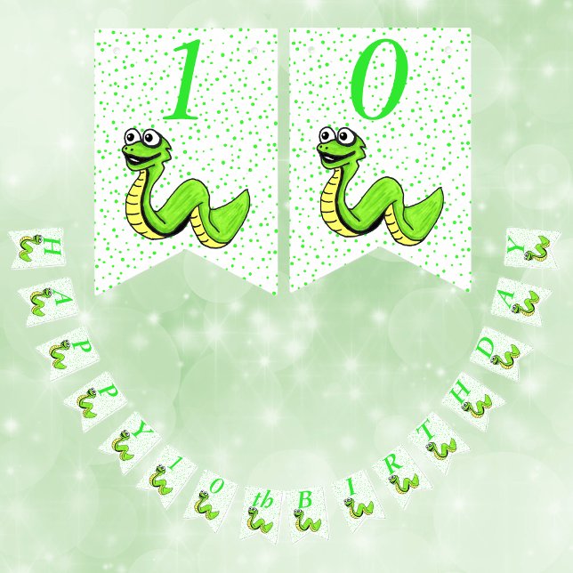 Grattis på födelsedagen Cute Tecknad Grönt Snake P Vimplar (Kids Happy Birthday party banner cute smiling green snake green polka dots on white.)