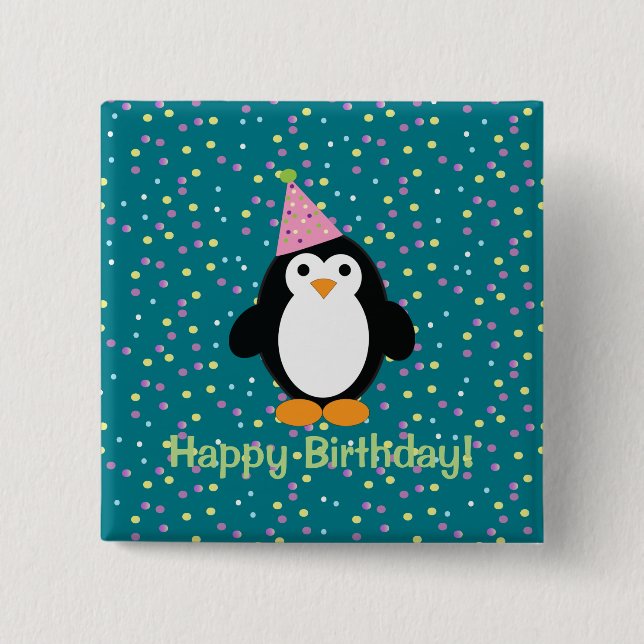 Grattis på födelsedagen Cute Tecknad Party Penguin Knapp (Framsida)