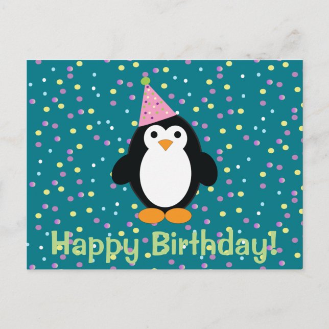 Grattis på födelsedagen Cute Tecknad Party Penguin Vykort (Framsida)