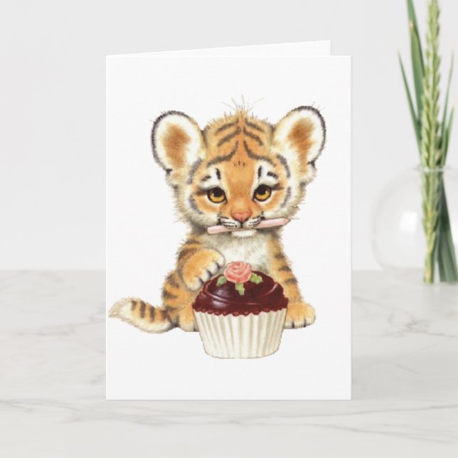 Grattis på födelsedagen - Cute Tiger med Cupkaka Kort (Framsida)