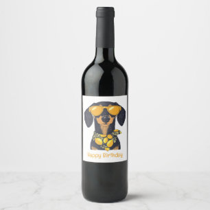 Grattis på födelsedagen Dachshund Hund Solglasögon Vinflaska Etikett