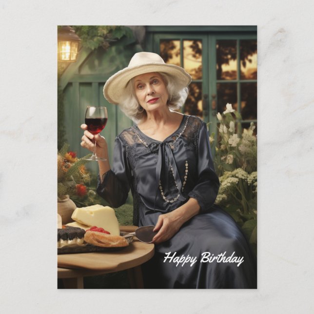 Grattis på födelsedagen Dam i trädgård med vin och Vykort (Framsida)