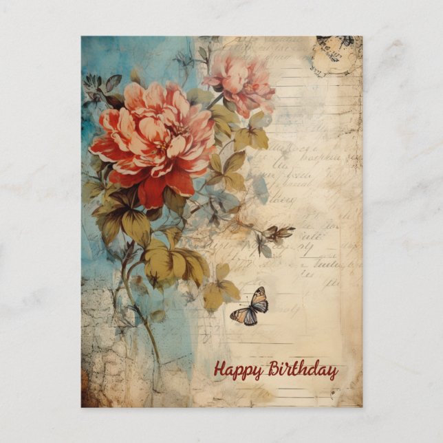 Grattis på födelsedagen, damen Grunge Floral 20 Vykort (Framsida)