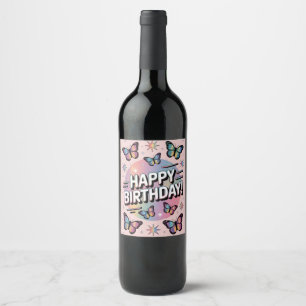Grattis på födelsedagen-design med färgstarka fjär vinflaska etikett