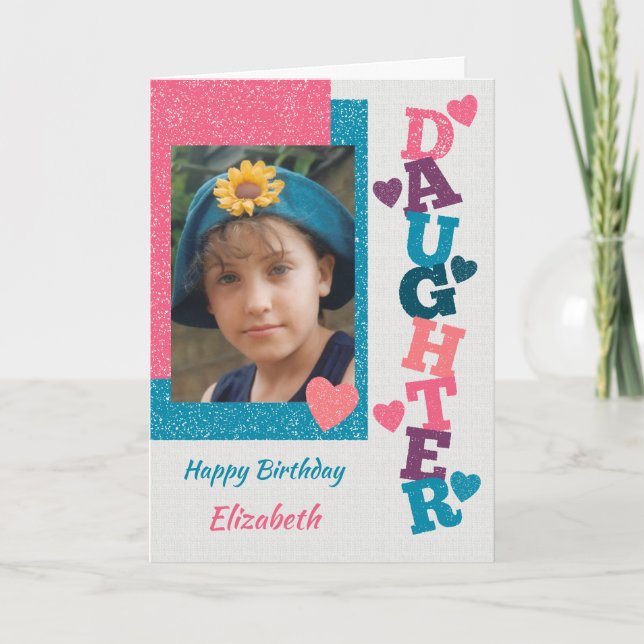 Grattis på födelsedagen Dotter rosa och blåfoto Kort (Framsida)