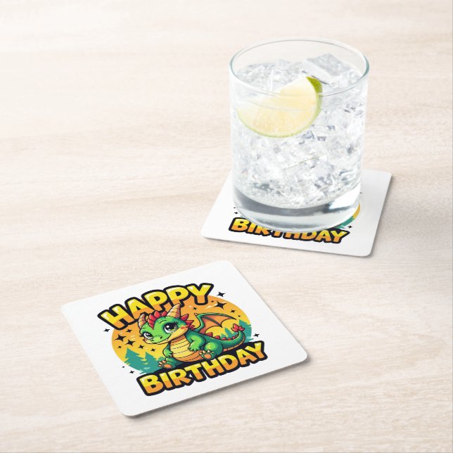 Grattis på födelsedagen Dragon Underlägg Papper Kvadrat (Insitu)