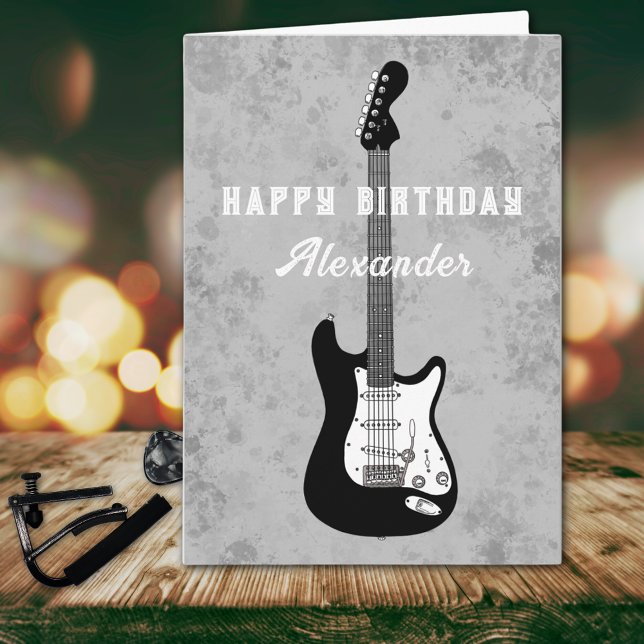 Grattis på födelsedagen Electric Guitar Black and  Kort (Cool black and white electric guitar happy birthday personalized greetings card)