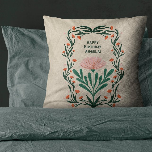 Grattis på födelsedagen Elegant Blommigt Ram Kudde (Skapare uppladdad)