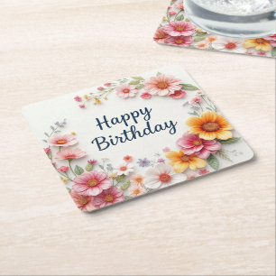 Grattis på födelsedagen Elegant blomsterkrans Underlägg Papper Kvadrat