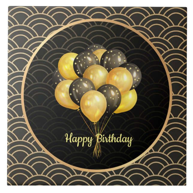 Grattis på födelsedagen, elegant svart och guld, kakelplatta (Framsidan)