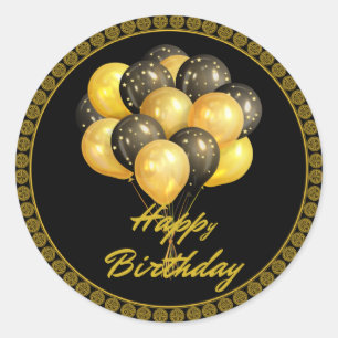 Grattis på födelsedagen, elegant svart och guld, runt klistermärke