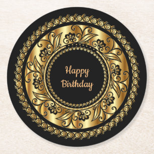 Grattis på födelsedagen, elegant svart och guld, underlägg papper rund