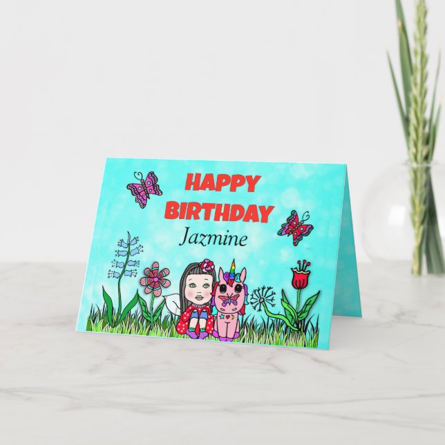 Grattis på födelsedagen Fairy and Unicorn Personli Kort (Framsida)
